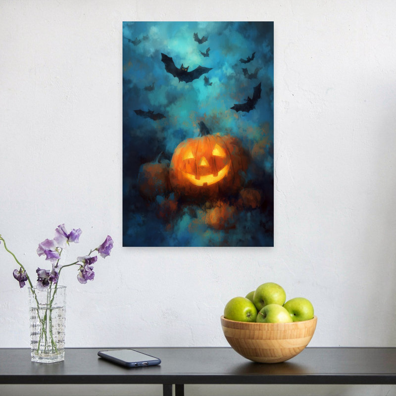 Citrouille d'Halloween, art contemporain de chauve-souris, 24" H x 16" W