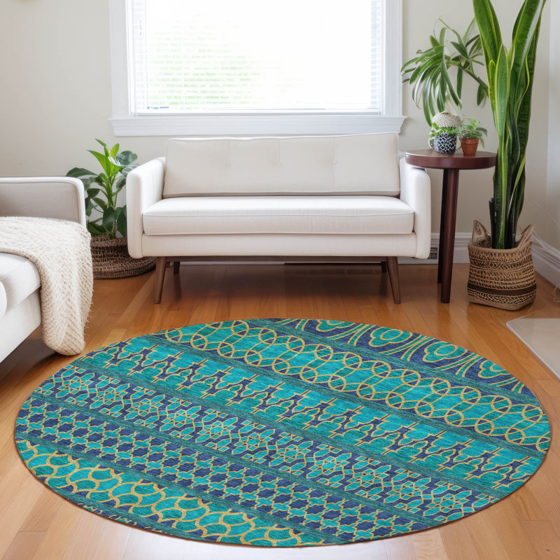 Tapis bleu sarcelle lavable à la machine Premium Prisco, Rond 8 pi