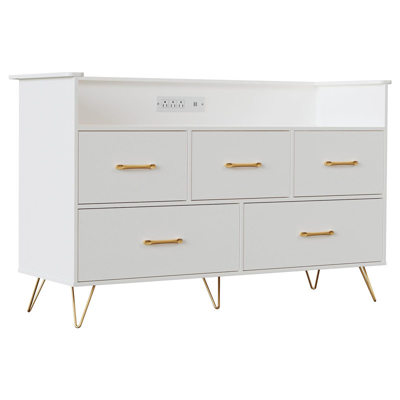 47" 5 Drawer Dresser with LED Lights & Charging Station, Wood Storage Chest, White