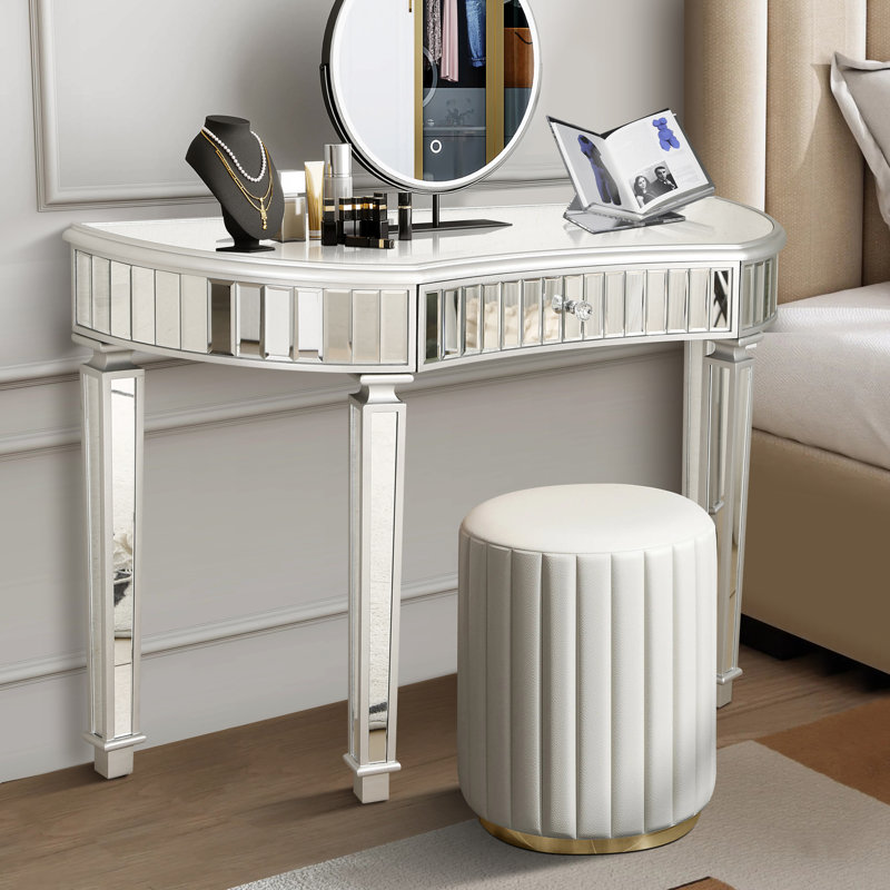 47" Half-Moon Mirrored Vanity Desk With Fluted Glass & Crystal Knob Drawer - Silver Entryway Vanity Desk, Gray/Silver