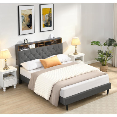 Dark Grey King Size Upholstered Platform Bed Frame - Modern Button-Tufted Linen Headboard, USB Ports & Charging Station, Side Pockets, No Box Spring Needed