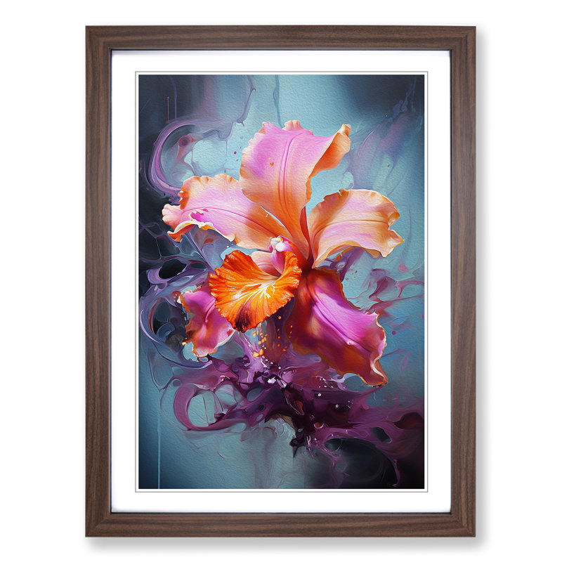 Orchid Flower Gestural - Single Picture Frame Print on Wood, 64cm H x 46cm W x 2cm D, Walnut