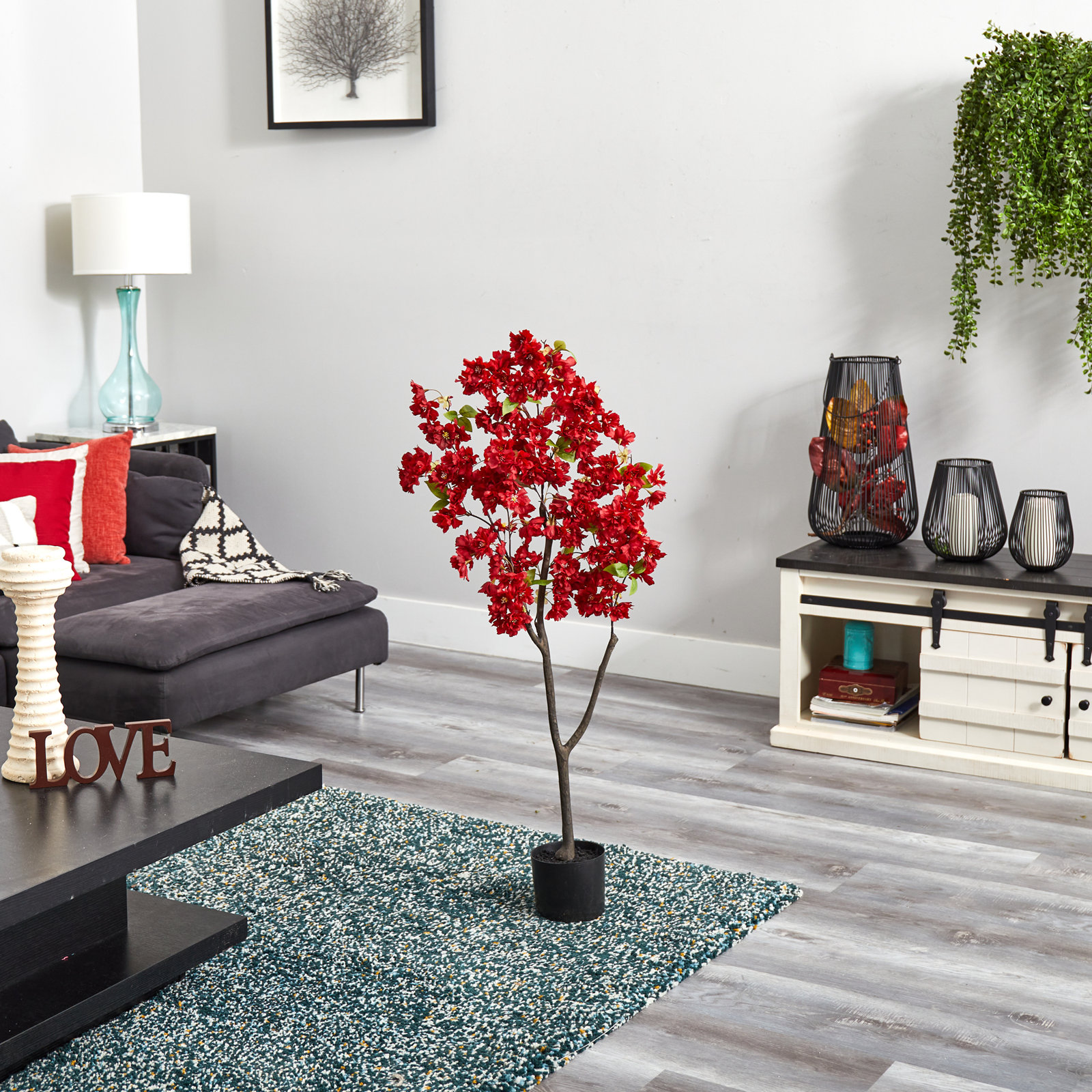 Faux Cherry Blossom Tree in Planter, 48" H x 23" W x 6" D, Red