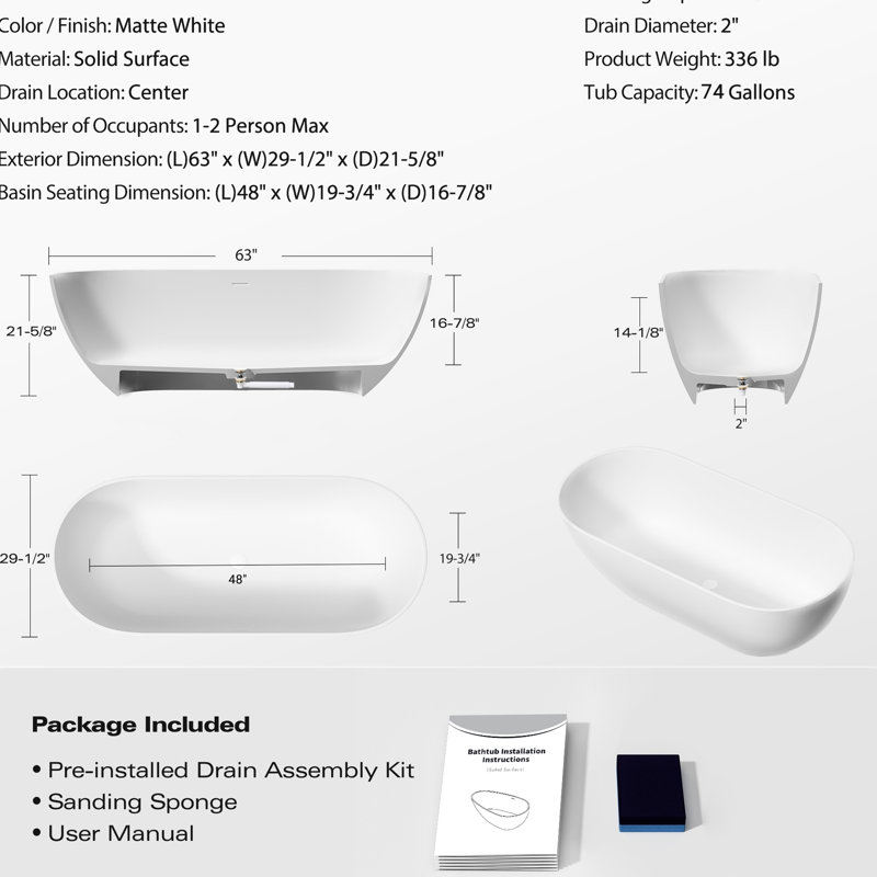 Luxury 63" Freestanding Soaking Bathtub, Matte White, Solid Surface, Engineered Stone, Overflow And Pop-Up Drain, Smooth Finish Surface Drainage, Warm Tub Environment