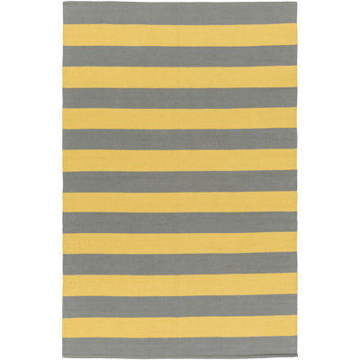 Tapis de coton gris/jaune oriental fait main à tissage plat Cybulski
