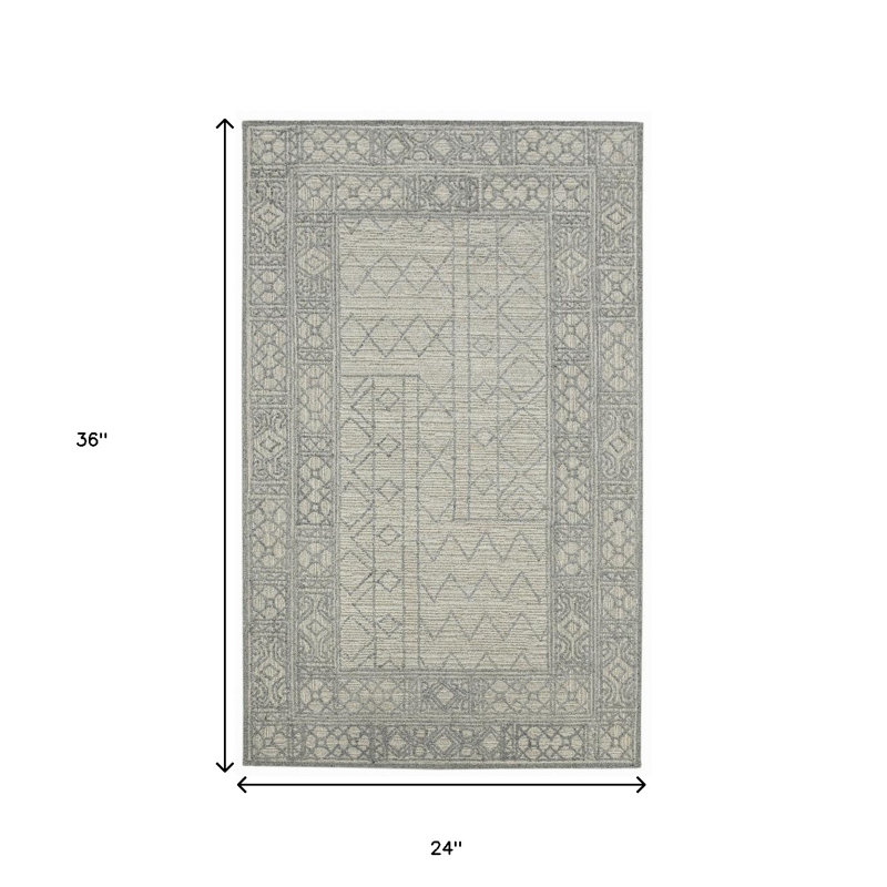 Tapis crocheté à la main 2 pi x 3 pi en laine gris et ivoire Southwestern