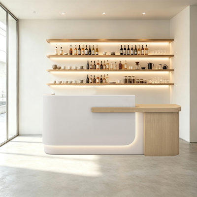 Comptoir moderne Markey avec porte-verres à vin, rangement pour bouteilles et tiroir verrouillable, meuble Markey indépendant au design intégré