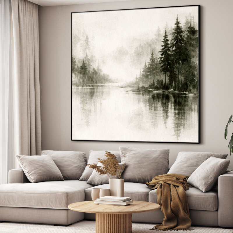 Très grand art mural imprimé sur toile - Misty vert, paysage minimaliste, décor de chambre à coucher - "Assemblage requis (cadre non fini)"