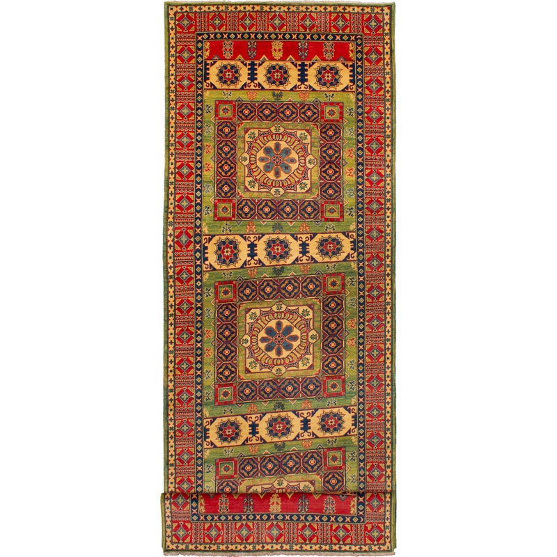 Tapis de couloir unique en laine noué à la main style Ouzbek Gazni des années 2010 de 4 pi 11 po x 19 pi 3 po olive / rouge Quintine