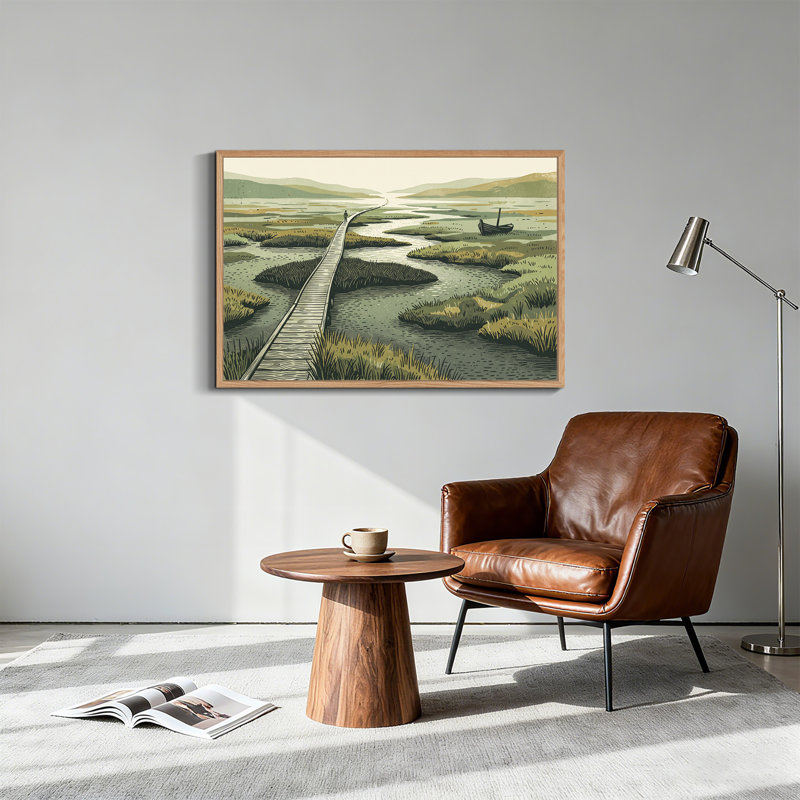 Art mural en bois, promenade en bois à travers le marais vert avec bateau, H 36 po x l 48 po