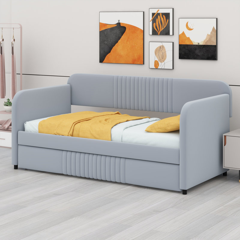 Upholstered Daybed With Trundle Bed And Wood Slat, Gray