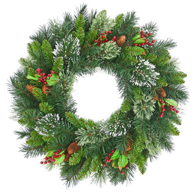 24" Pre-Lit Christmas Wreath for Front Door - 50 Warm White LED Lights, Pine Cones, Red Berries - Battery Operated Holiday Wreath for Wall, Window, Outdoor Decor - Multicolor Pine Needle PVC