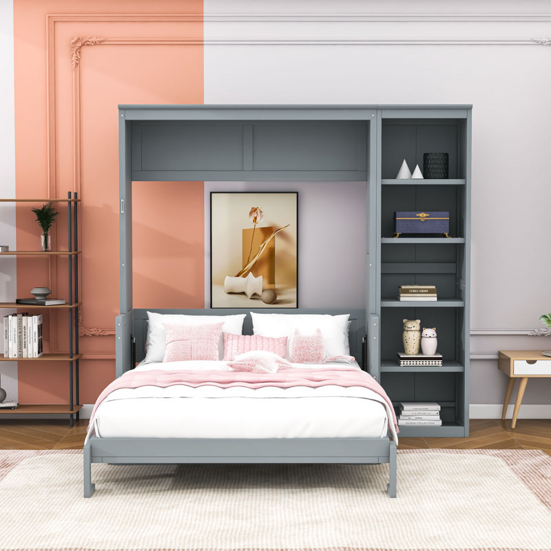 Lit plateforme en bois avec tablettes Murphy, Double, gris