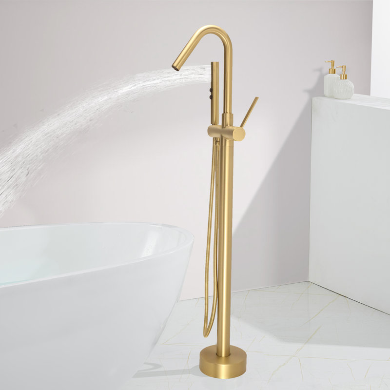 Single Handle Floor Mounted Freestanding Tub Filler with Brass Two-Function Handshower and Diverter, Brushed Brass