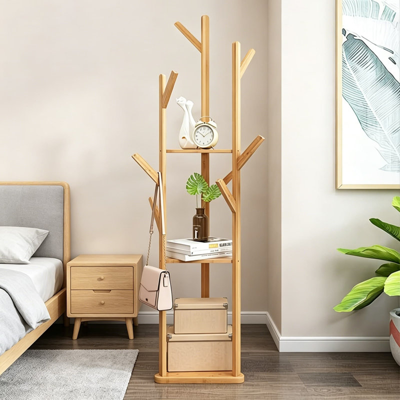Bamboo Freestanding Coat Rack With 9 Hooks And 3 Storage Shelves, Easy Assembly Rotary Tree Stand For Entryway
