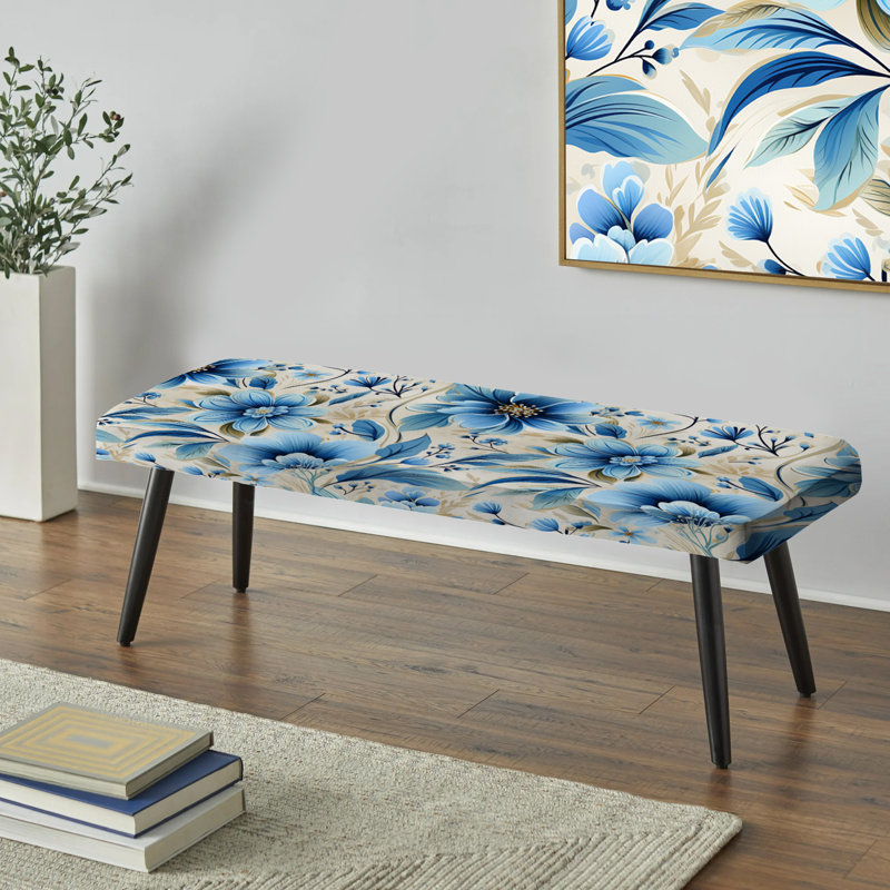 Botanical Upholstered Black Bench, Blue And White Flowers Retreat I