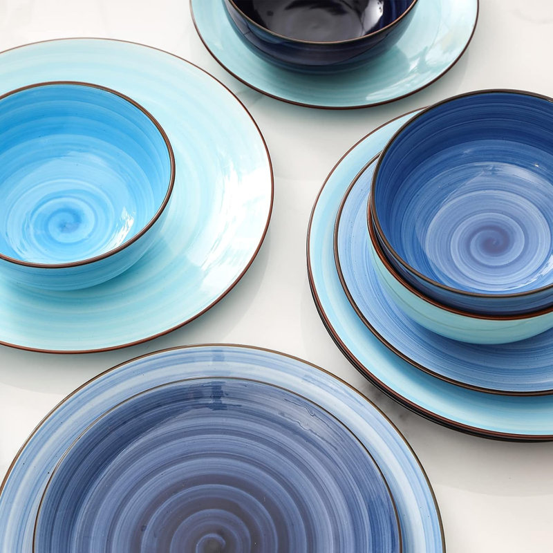 Gradient Blue Swirl Porcelain 12-Piece Dinnerware Set for 4