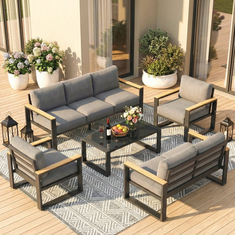 Aluminum 7-Person Patio Conversation Set with Removable Cushions, Gray