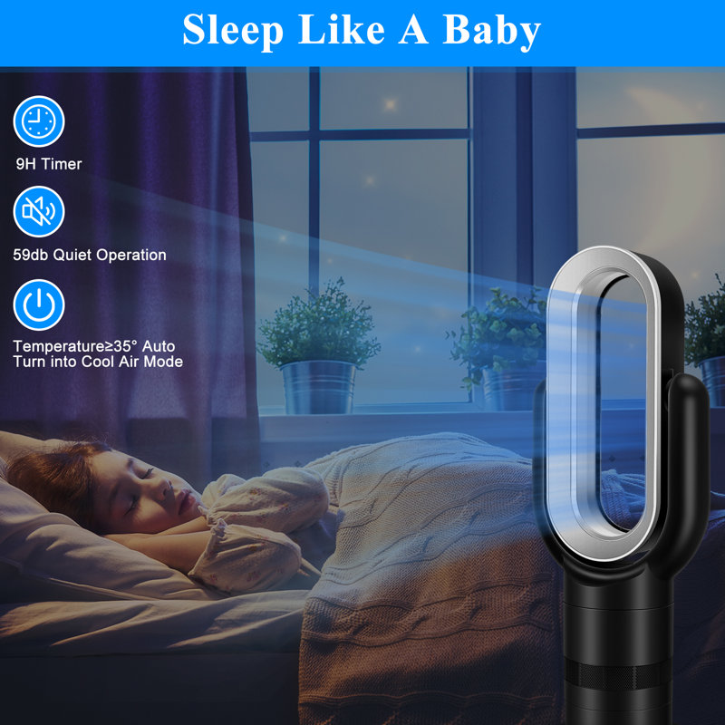 Oscillating Bladeless Tower Fan and Heater Combo Remote Control 10 Speeds 9H Timer Adjustable Tilt