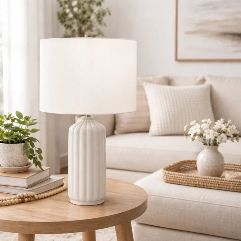 Limy Table Lamp, 23 Inch, Ivory Drum Shade, Ribbed Cream White Ceramic, Cream White