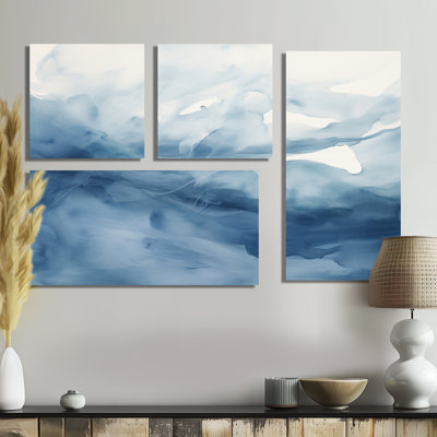 «Blue and White Dancing Watercolor Clouds», peinture abstraite surdimensionnée, art mural 4 pièces