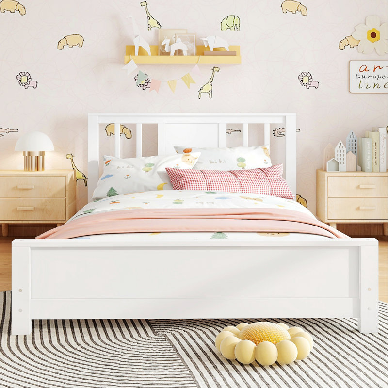 Base de lit plateforme avec tête de lit, base de lit en bois, lit de plancher avec lattes de soutien, Blanc
