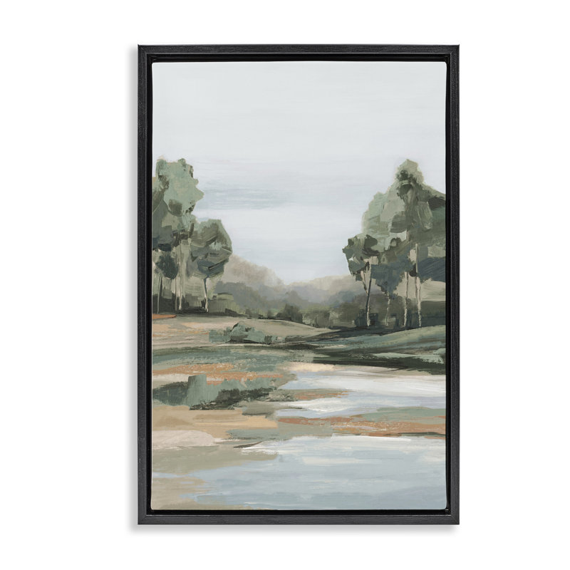 «Distant Woodland Creek View», art mural encadré flottant, par Hannah Dawson, Cadre flottant noir de jais, H 25 po x l 17 po