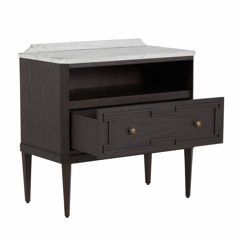 Glenwood 1 - Drawer Solid Wood Nightstand, Forest Black/Agros White Stone/Brass