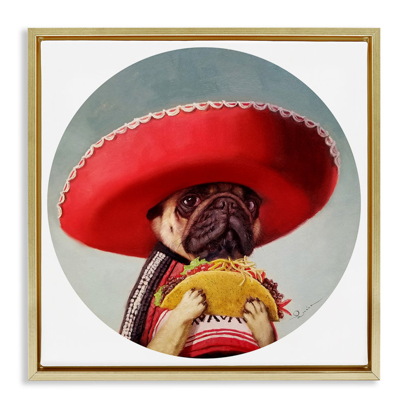 «Pug in Sombrero» par Lucia Heffernan, H 18 po x l 18 po, Cadre flottant métallique doré