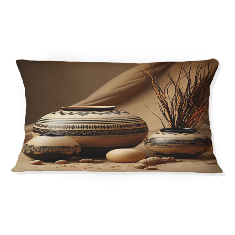 Native Art Pottery Serenity II - Native American Printed Throw Pillow, 12"H x 20"W, Rectangular