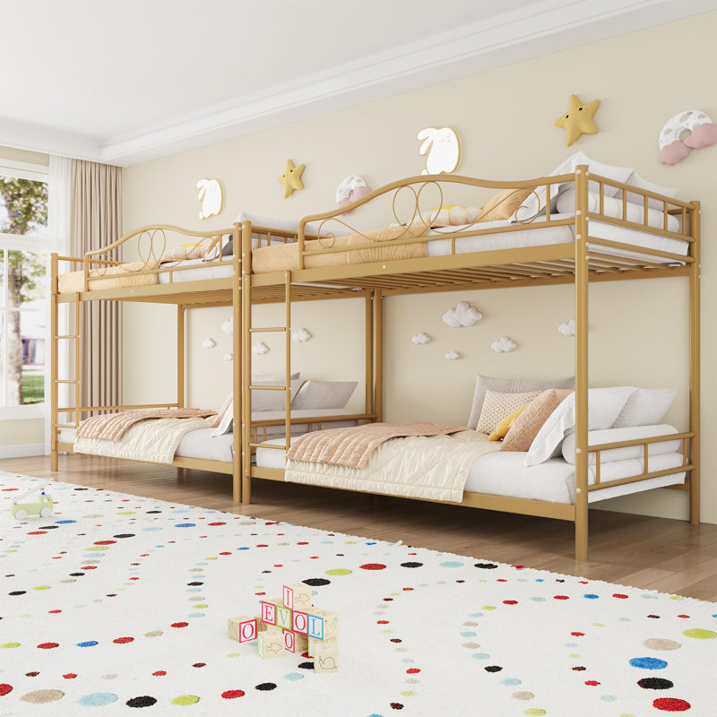 Twin Over Twin Metal Bunk Bed with Ladder & Full Guardrail, Heavy-Duty Frame 400 lbs Capacity, Space-Saving Design, Gold