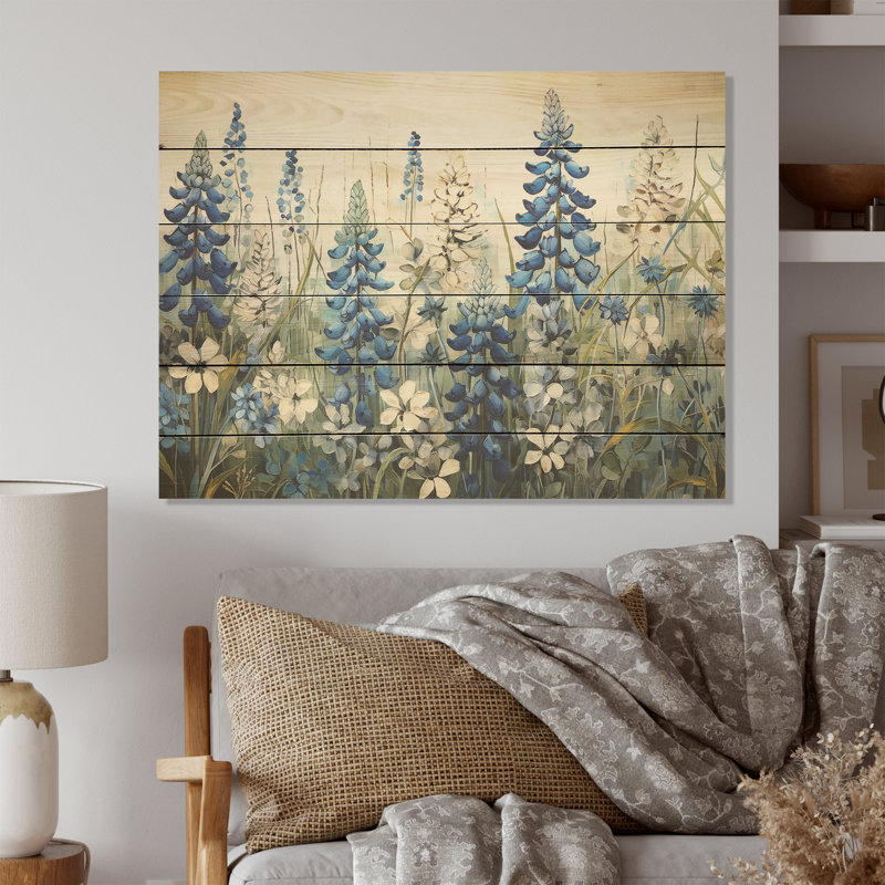 Élégant bleu et beige Bonnets Meadow I - Blue Bonnets, art mural sur bois de pin naturel, H 10 po x l 20 po