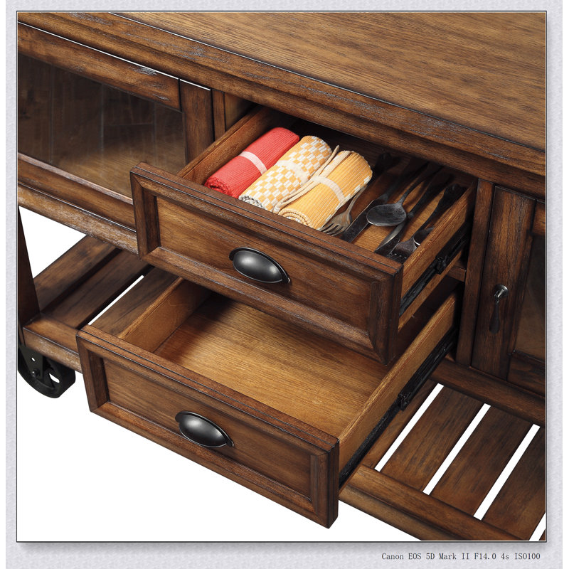 Kadri Distressed Chestnut Finish Kitchen Cart with Glass Doors and Slatted Shelf, Perfect for Modern and Functional Kitchens