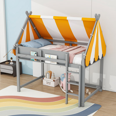 Wood Loft Bed with Canopy, LED String Lights, and Bookshelf
