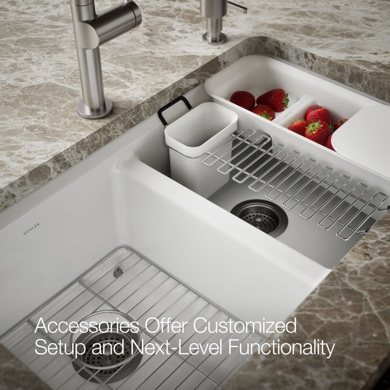 Riverby® 33" x 22" x 9.625" Under-Mount Double-Equal Kitchen Sink with Accessories and 5 Oversized Faucet Holes, White