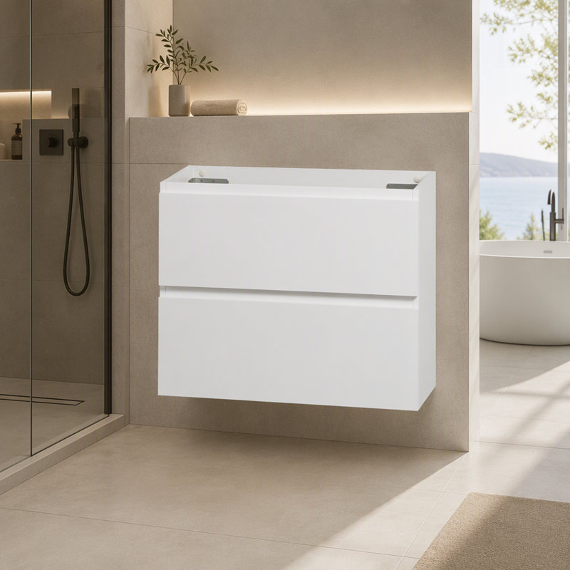 Alice-24W-201, meuble-lavabo mural sans lavabo, couleur blanche, deux tiroirs, pré-assemblé, 36" W