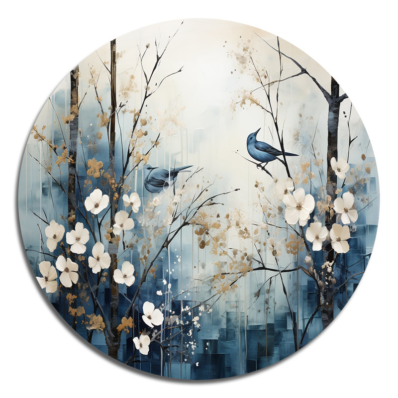 «Blue and White Forest Winter Harmony I», art mural rond en métal, H 16 po x l 16 po