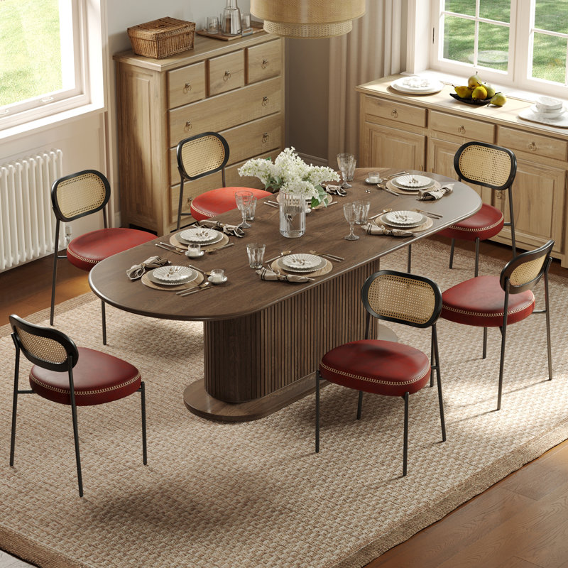 Mid Century Modern Faux Leather Upholstered Dining Side Chairs With Curved Rattan Back,Camel, Brown, 6