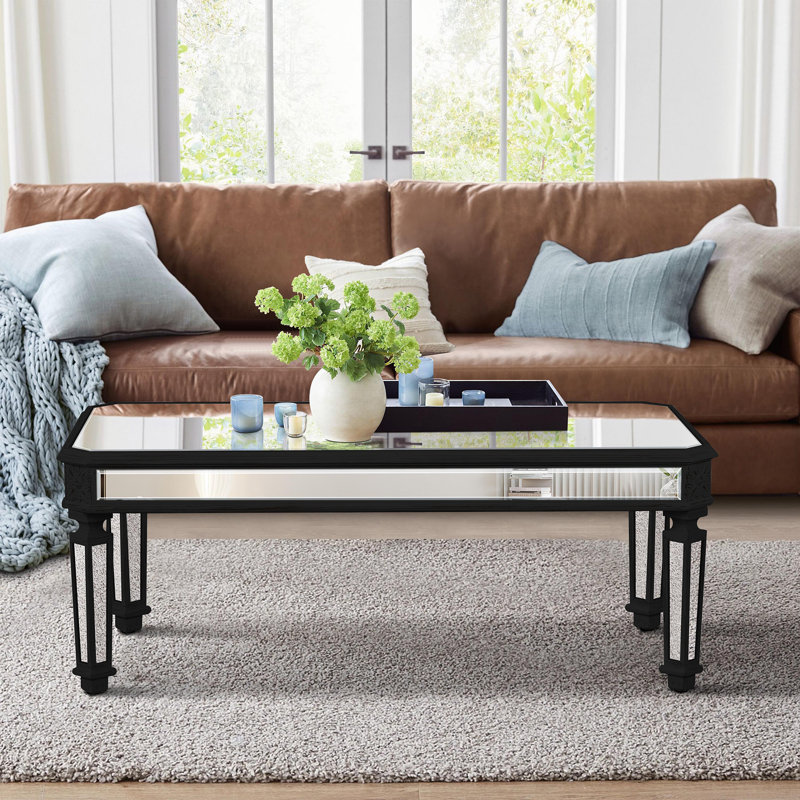Coffee Table, Vintage Carved Wooden, Rectangle Glass Tea Table With Mirrored Finish, Centre Table