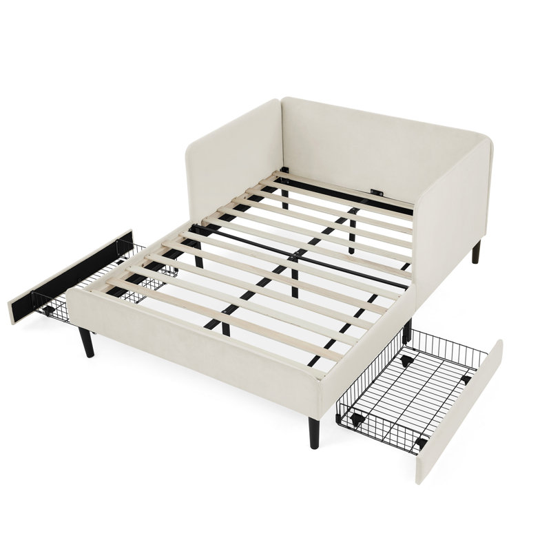 Structure de lit double tapissier pleine grandeur avec 2 tiroirs de rangement, canapé-lit réglable en velours, beige, Beige