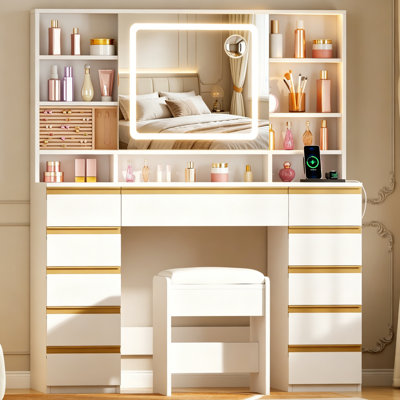 Adriel 43.3" Makeup Vanity Desk With LED Lights, 11 Drawers, Sliding Mirror & Detachable Jewelry Box, Power Outlet