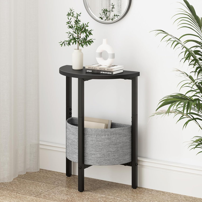 Side Table, Small Round End Table With Fabric Basket, Set Of 2 Half Round Side Table Half Moon Tables, Round Accent Coffee Table, Tea Sofa Table Nightstand For Living Room Bedroom Small Space