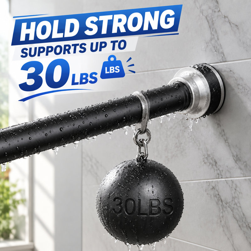 This black rustproof spring-tension shower rod adjusts from 65-249cm / 25.6-98inch; the non-slip mount needs no drilling or tools and is suitable for baths, kitchens, and closets.