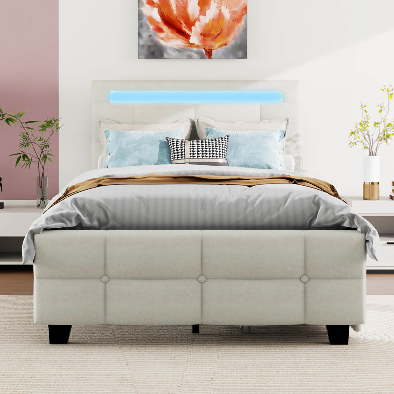 Lit plateforme tapissier simple avec lumière DEL et 2 tiroirs, lit plateforme avec tête de lit en tissu de lin, Beige