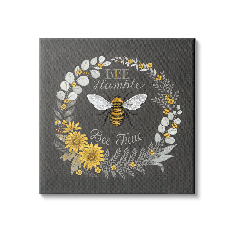 Bee Humble Be True, phrase, fleurs jaunes rétro - impression, H 36 po x l 36 po x P 1,5 po, Toile tendue