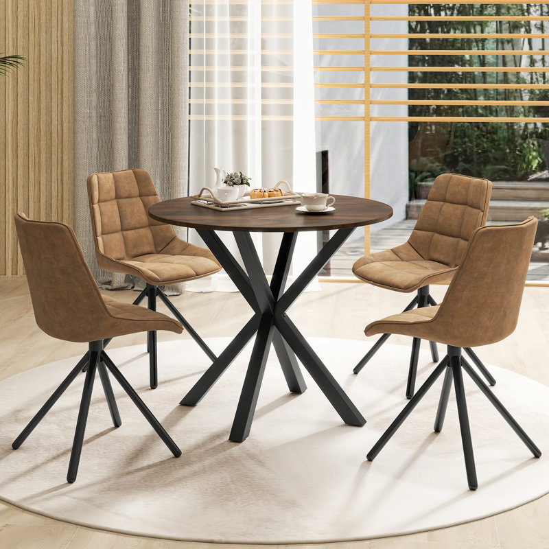 36'' Round Farmhouse Dining Table for 4 w/Stable Intersecting Pedestal Base, Brown, Black