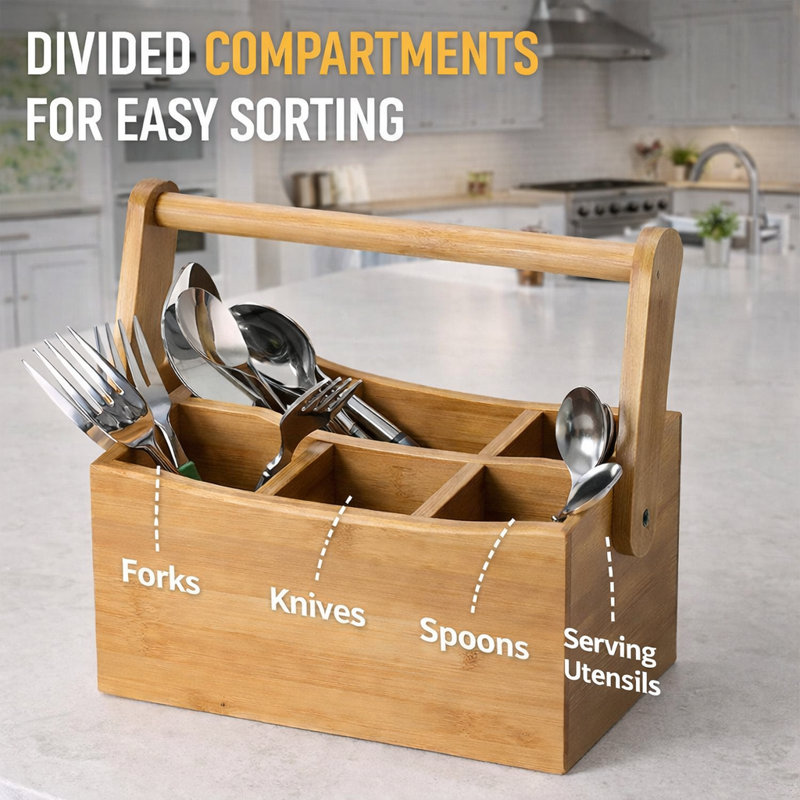 Bamboo Rectangle Flatware Caddy, Natural