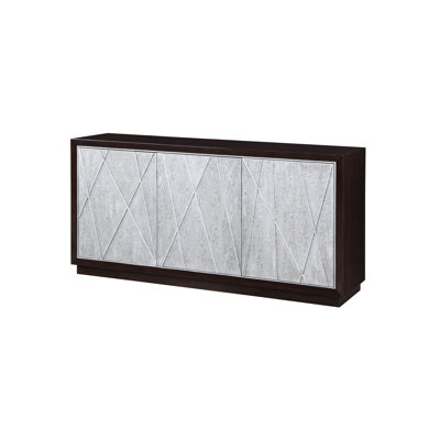 Console contemporaine assemblée en argent métallique et noyer avec rangement central et tablettes latérales modernes à motif géométrique