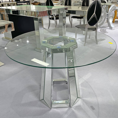 Table de salle à manger avec plateau rond en verre trempé moderne et minimaliste moderne, table en verre avec base ronde, table de cuisine