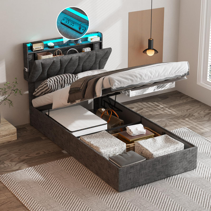 Lit plateforme tapissier Helmgard, Gris foncé, Lit simple